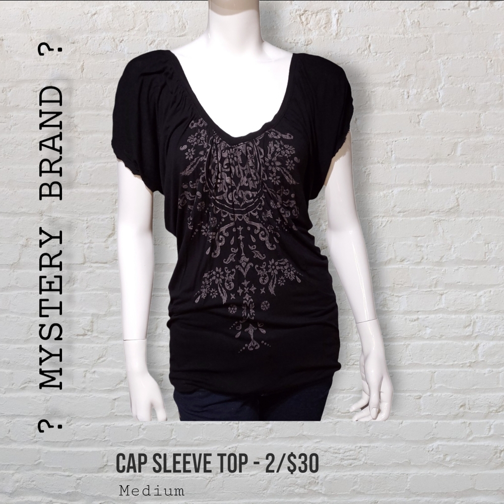 Cap-Sleeve Black Grey Floral Stretchy Top